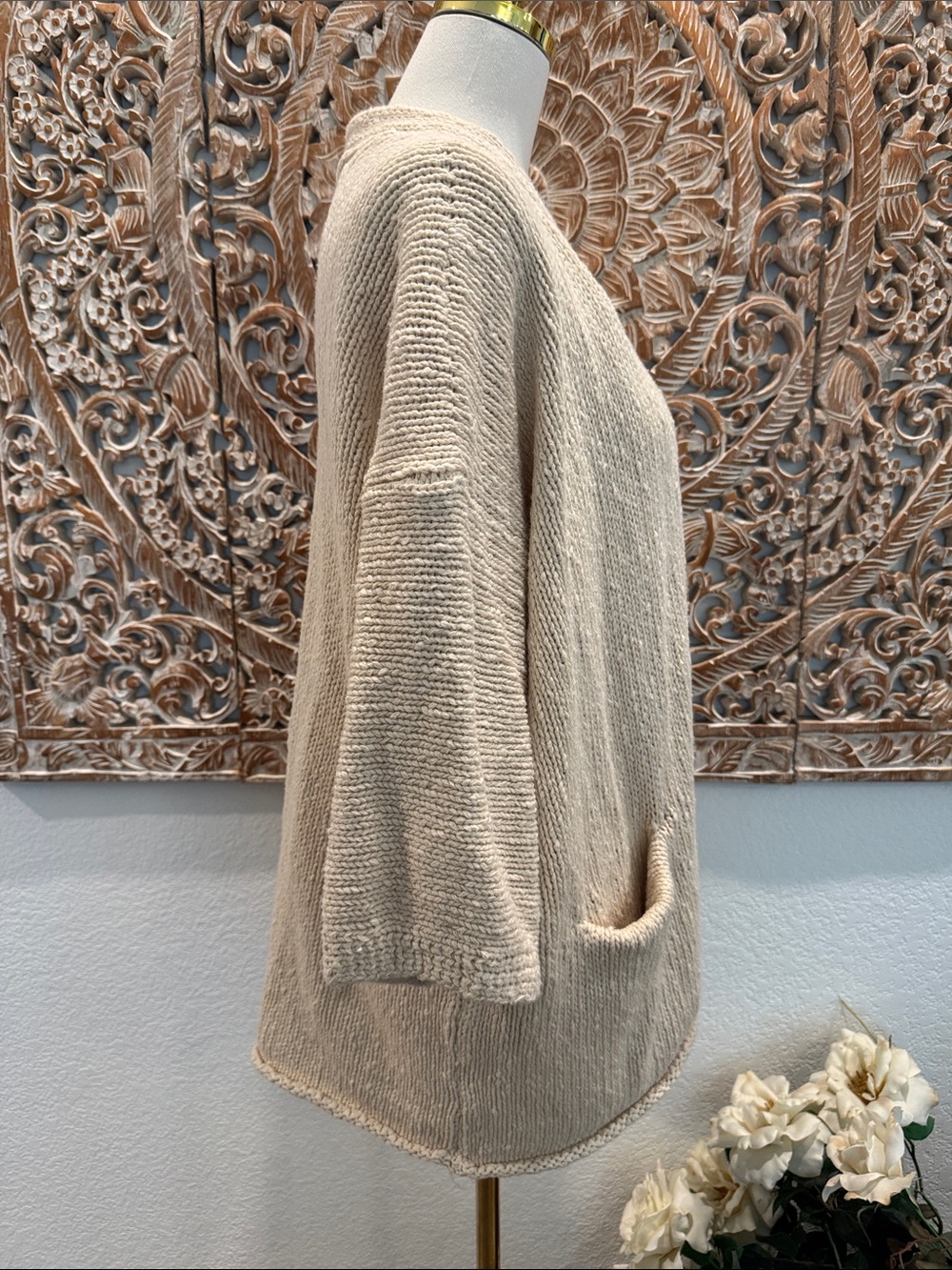 LOFT Cream Open-Front 3/4 Sleeves Cotton Knit Cozy Cardigan- size L - Picture 6 of 12